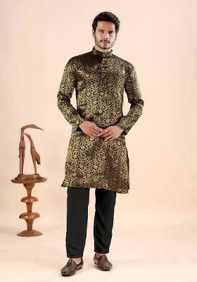 Black Jacquard Silk Kurta For Men