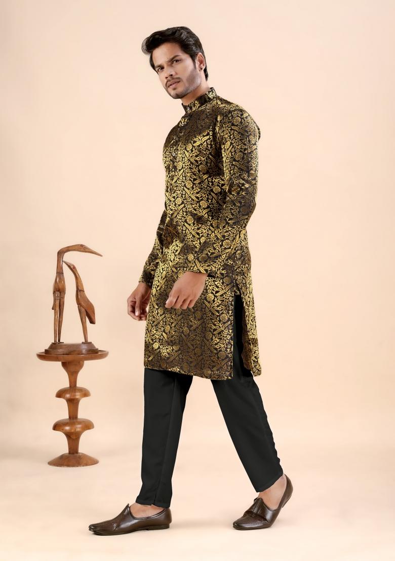 Black Jacquard Silk Kurta For Men - Indya