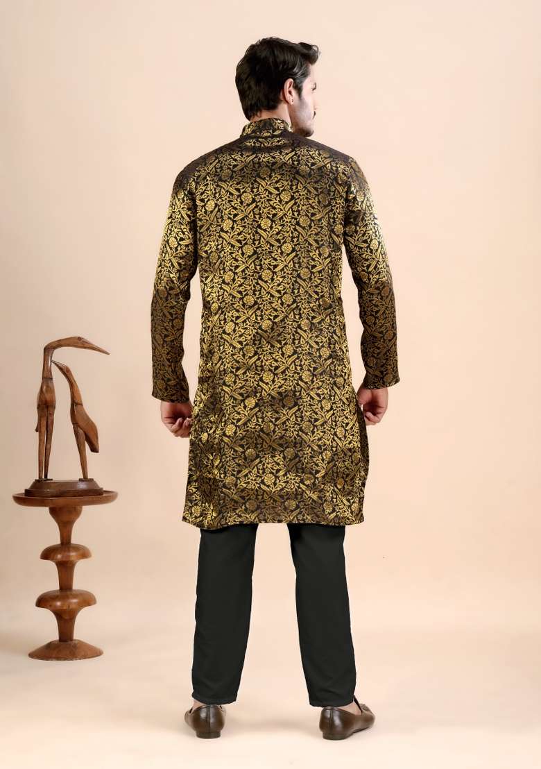 Black Jacquard Silk Kurta For Men - Indya