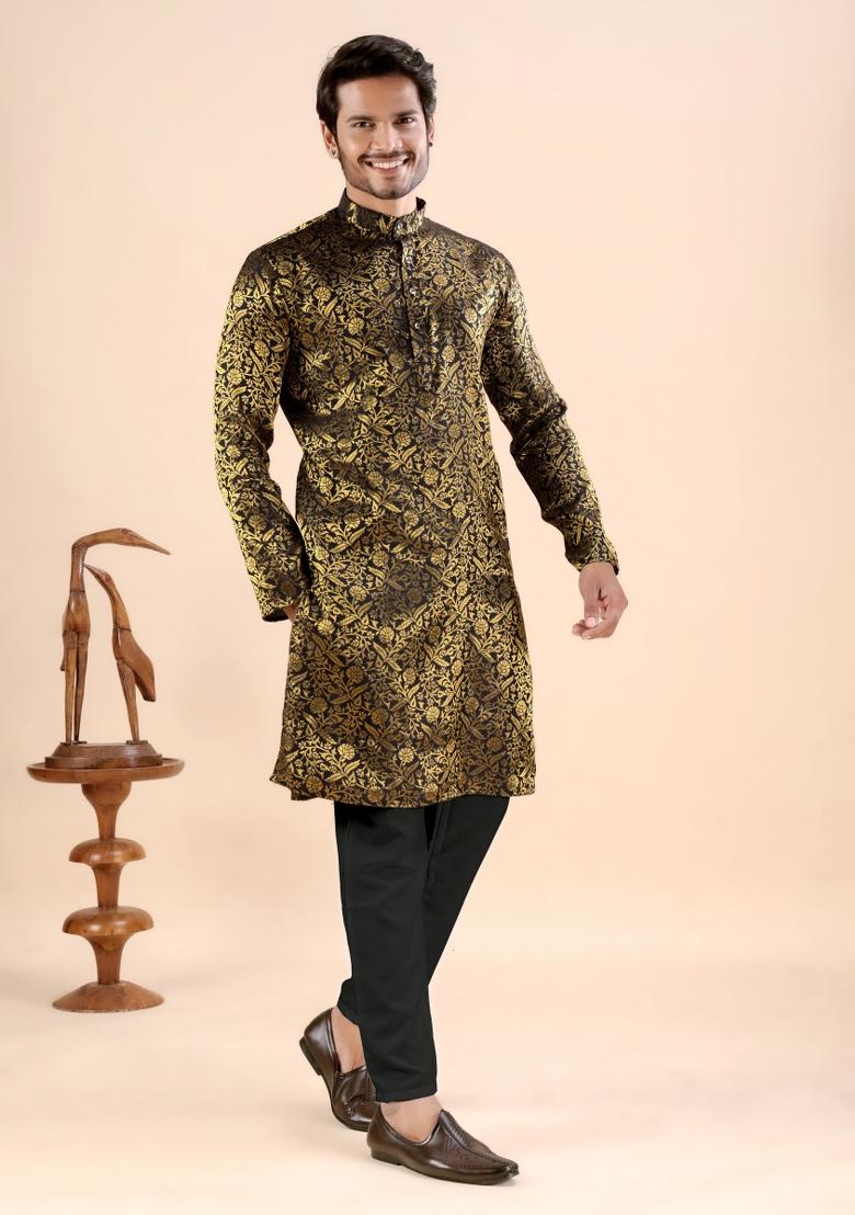 Black Jacquard Silk Kurta For Men - Indya