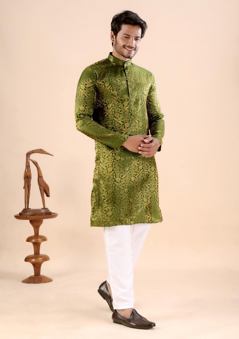 Green Jacquard Silk Kurta For Men - Indya