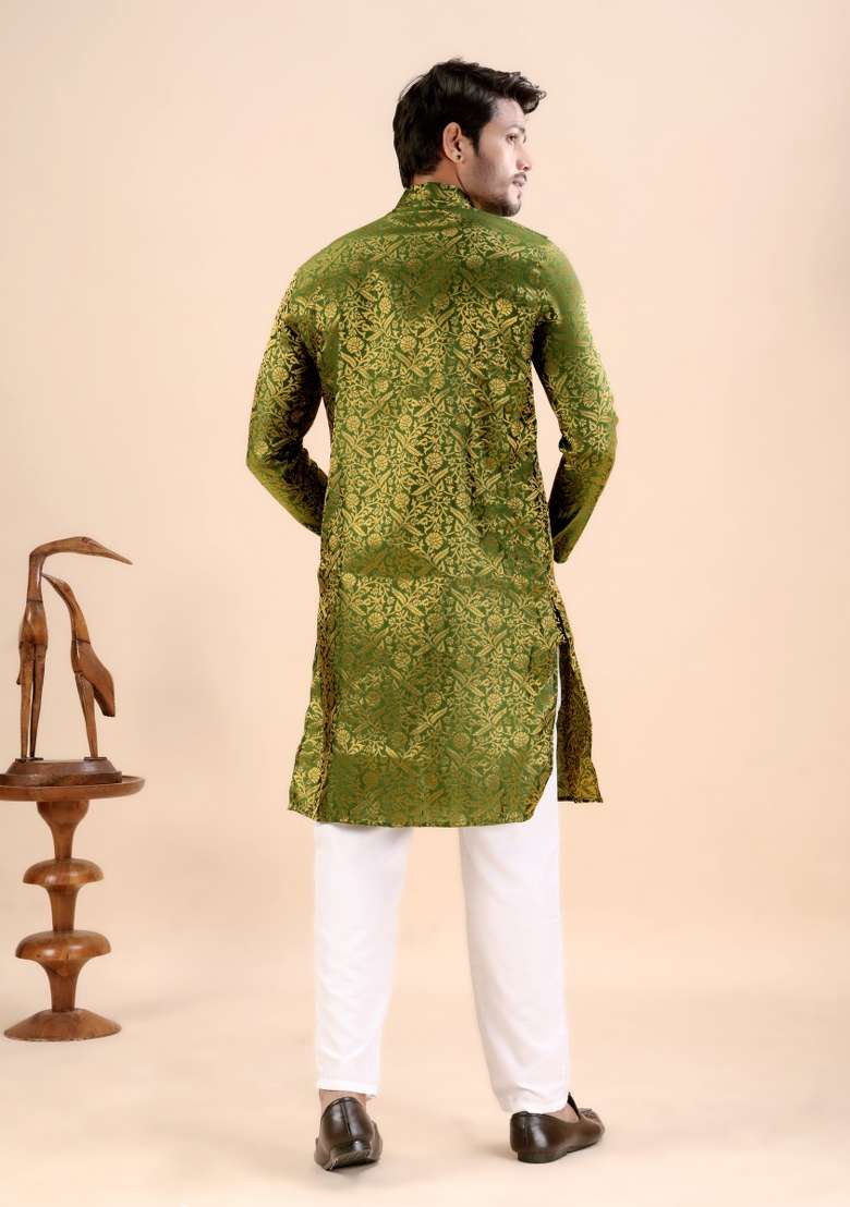 Green Jacquard Silk Kurta For Men - Indya