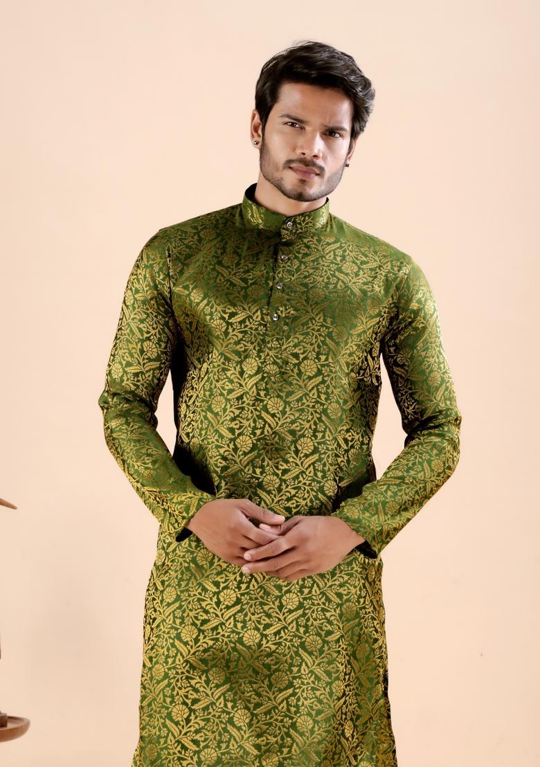 Green Jacquard Silk Kurta For Men - Indya