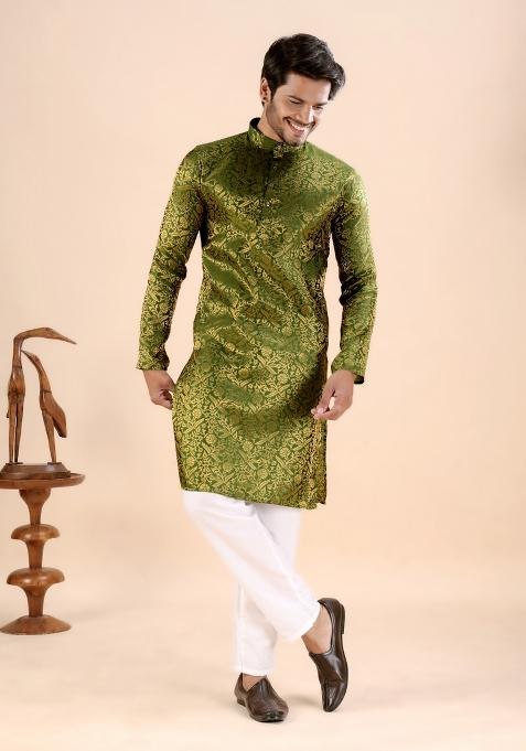 Green Jacquard Silk Kurta For Men