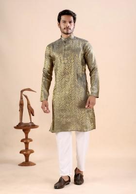 Grey Jacquard Silk Kurta For Men