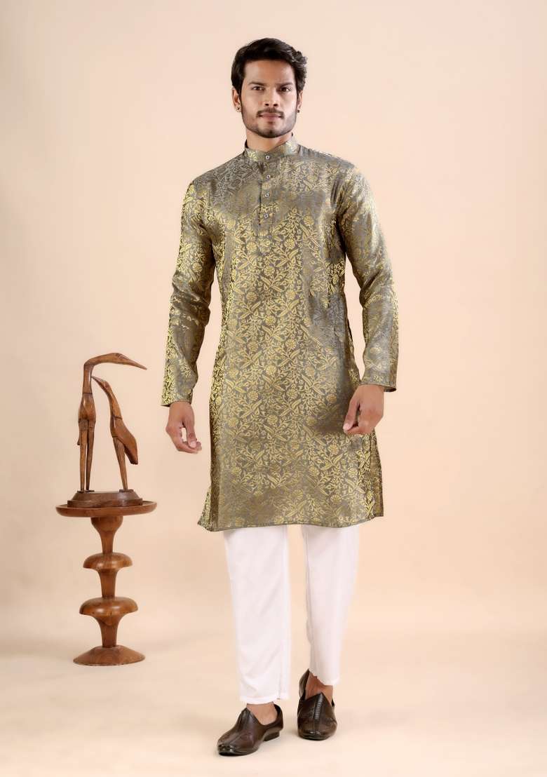 Grey Jacquard Silk Kurta For Men - Indya