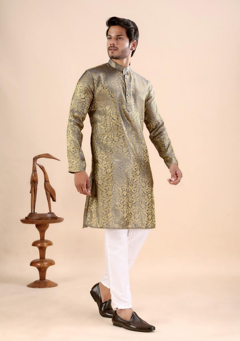 Grey Jacquard Silk Kurta For Men - Indya