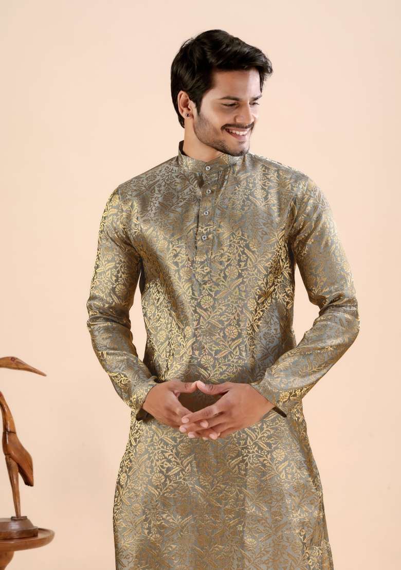 Grey Jacquard Silk Kurta For Men - Indya