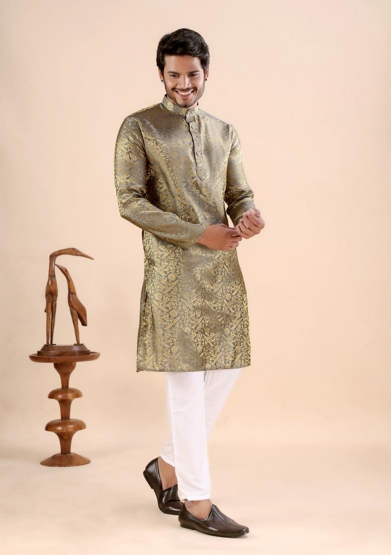 Grey Jacquard Silk Kurta For Men - Indya