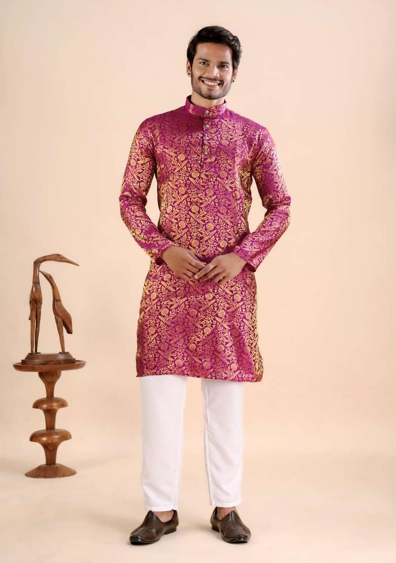Pink Jacquard Silk Kurta For Men - Indya