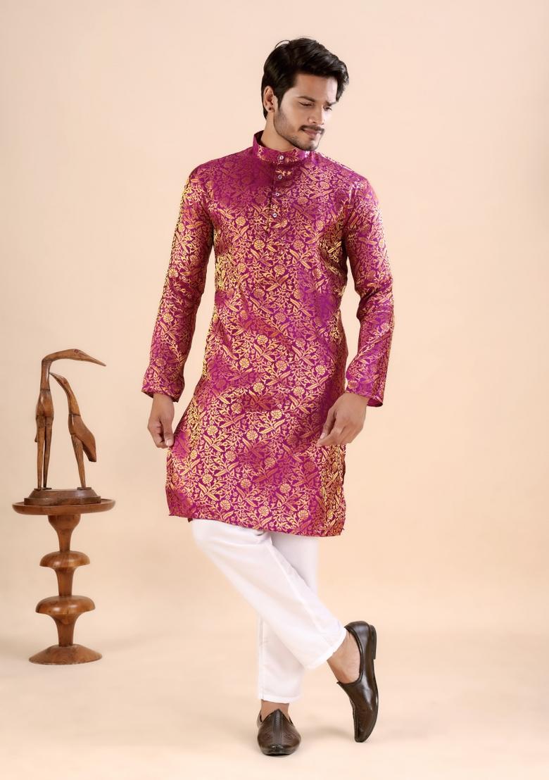 Pink Jacquard Silk Kurta For Men - Indya