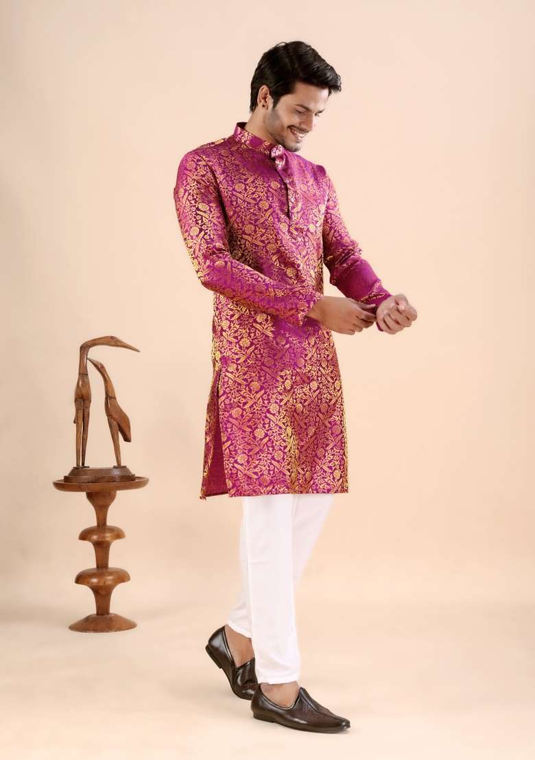 Pink Jacquard Silk Kurta For Men - Indya