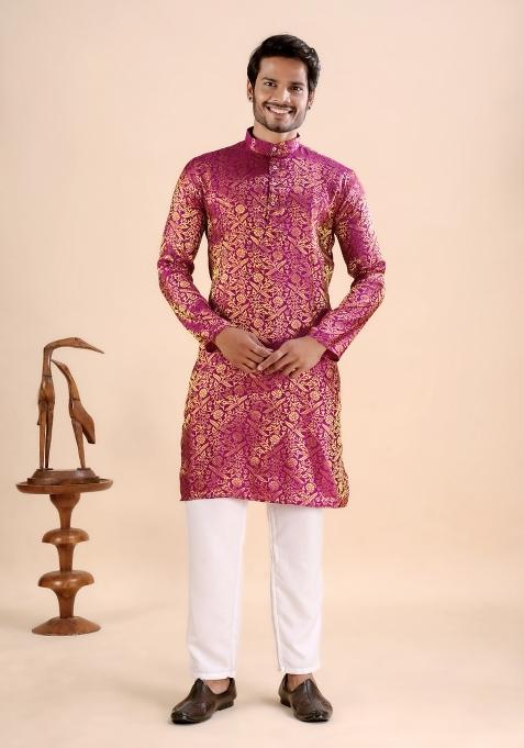 Pink Jacquard Silk Kurta For Men