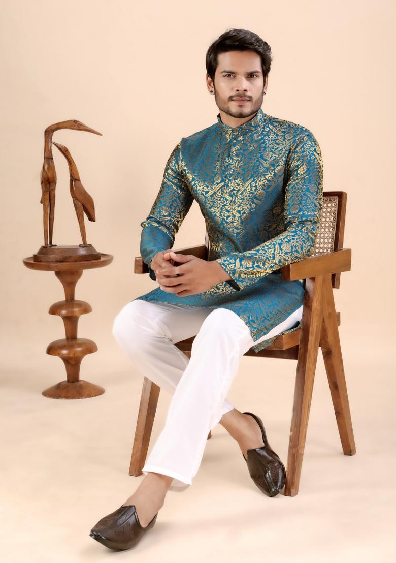 Rama Jacquard Silk Kurta For Men - Indya