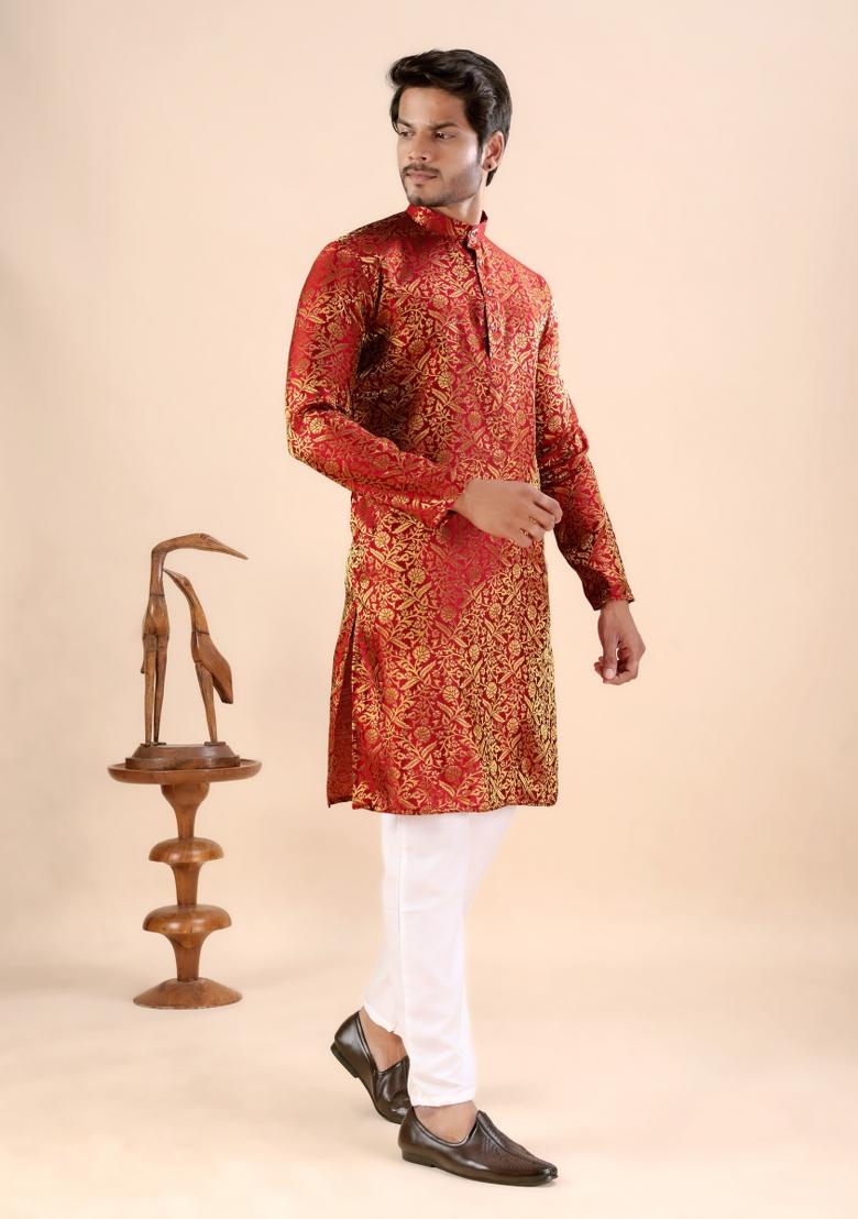 Red Jacquard Silk Kurta For Men - Indya