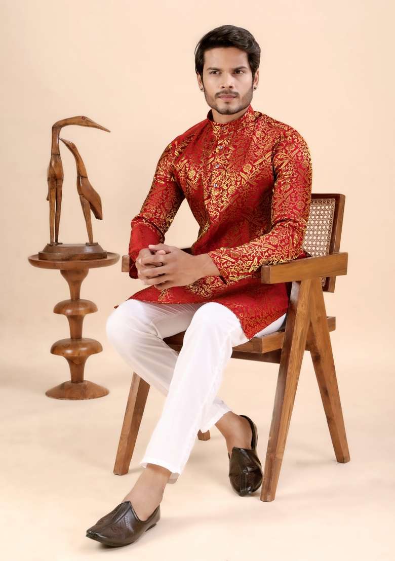 Red Jacquard Silk Kurta For Men - Indya