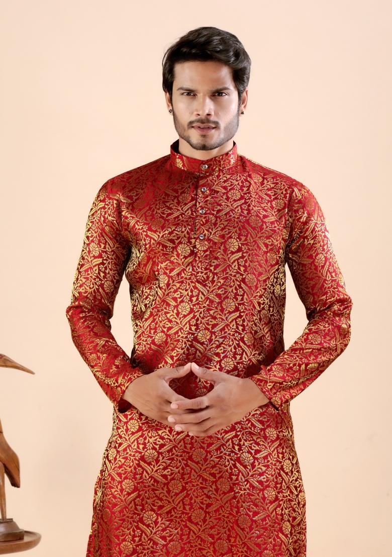 Red Jacquard Silk Kurta For Men - Indya