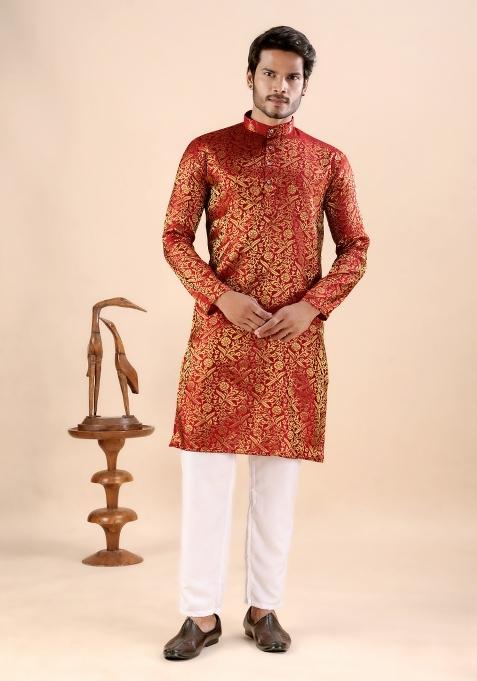 Red Jacquard Silk Kurta For Men