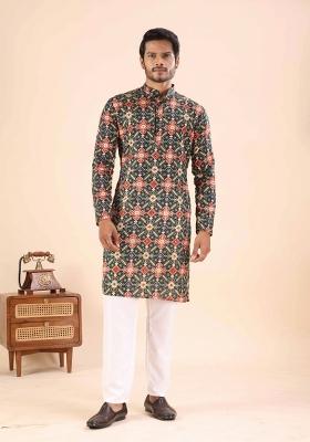 Green Printed Cotton Kurta For Men