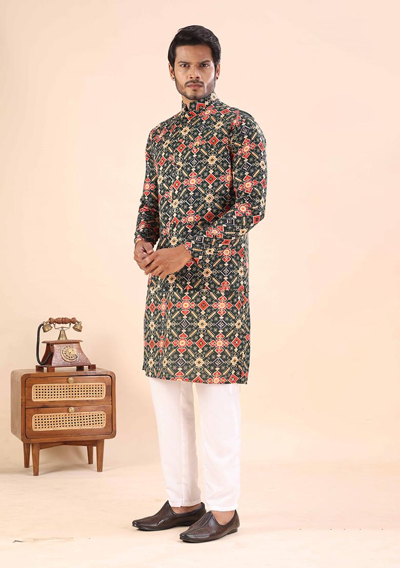 Green Printed Cotton Kurta For Men - Indya