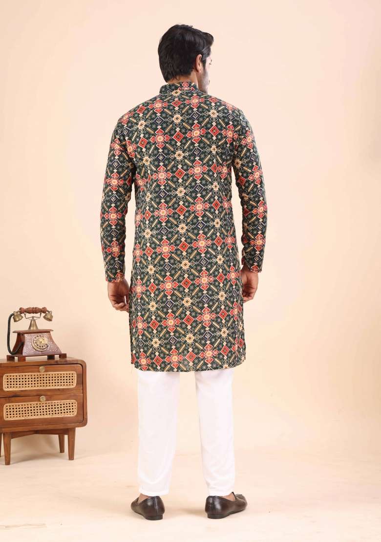Green Printed Cotton Kurta For Men - Indya