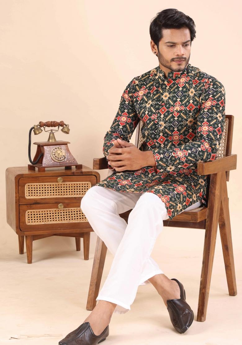 Green Printed Cotton Kurta For Men - Indya