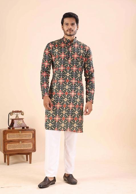 Green Printed Cotton Kurta For Men