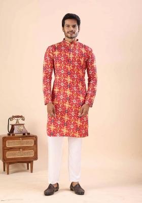 Red Printed Cotton Kurta For Men