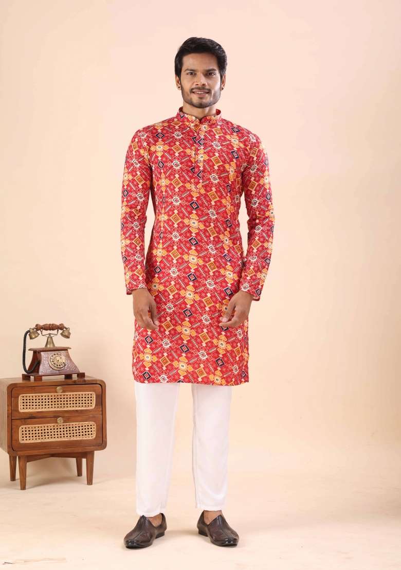 Red Printed Cotton Kurta For Men - Indya