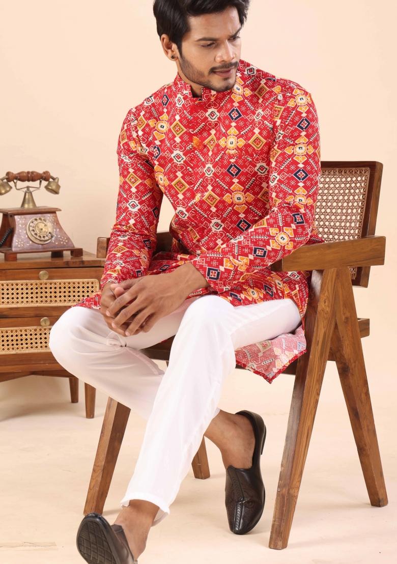 Red Printed Cotton Kurta For Men - Indya