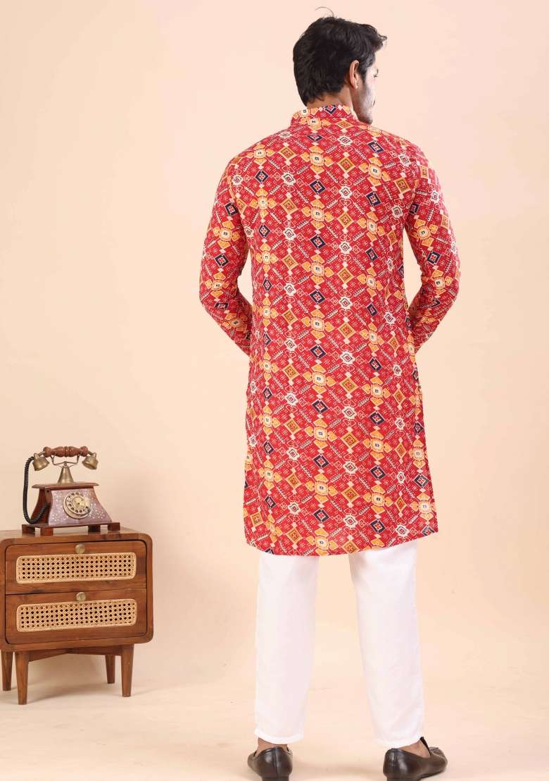Red Printed Cotton Kurta For Men - Indya