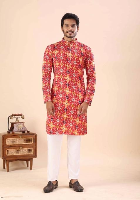 Red Printed Cotton Kurta For Men