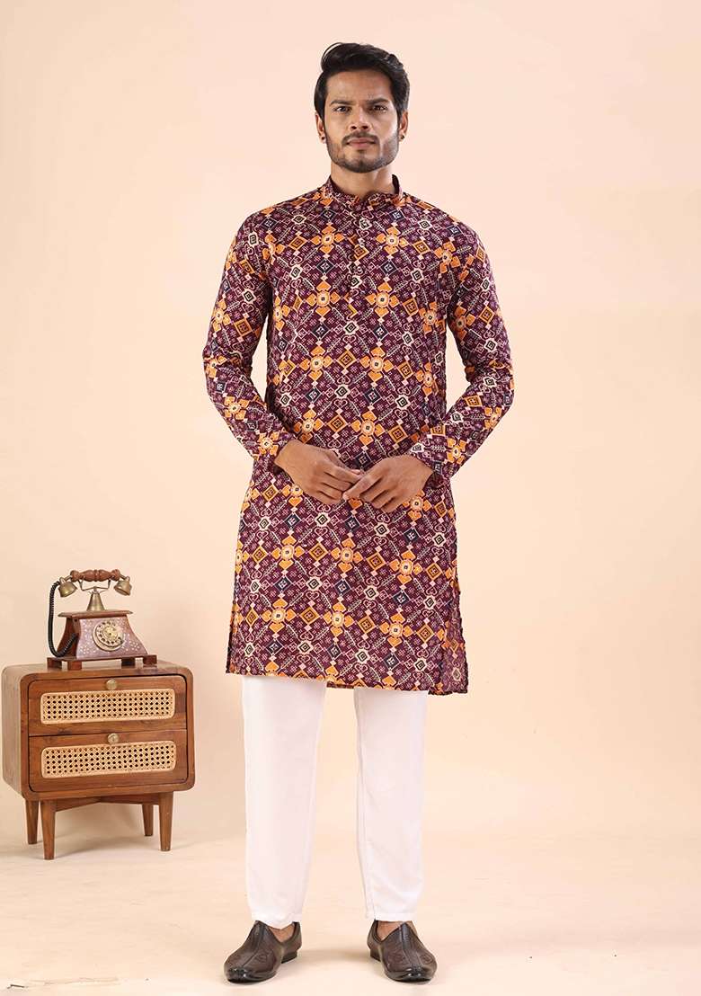 Wine Printed Cotton Kurta For Men - Indya