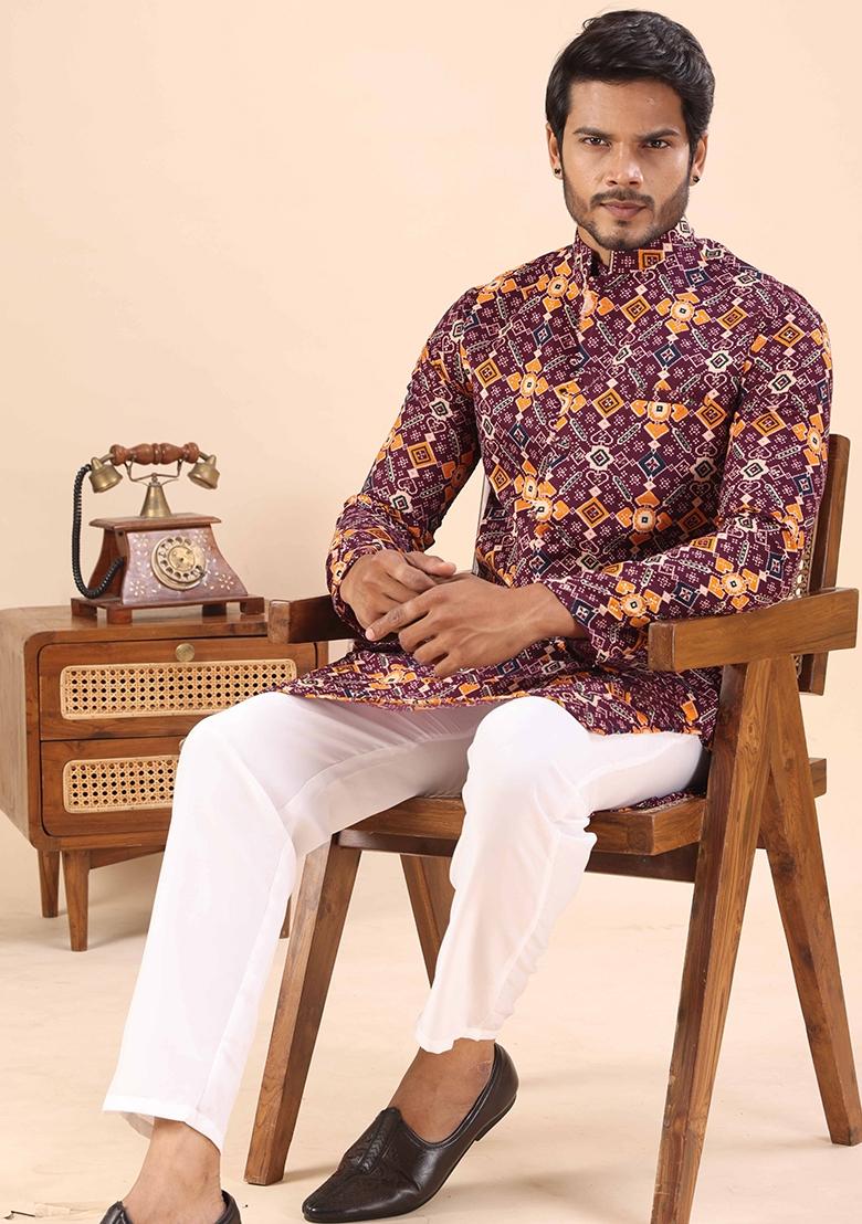 Wine Printed Cotton Kurta For Men - Indya