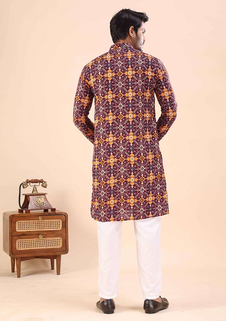 Wine Printed Cotton Kurta For Men - Indya