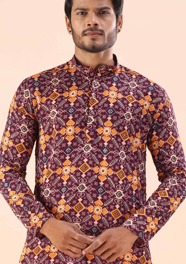 Wine Printed Cotton Kurta For Men - Indya