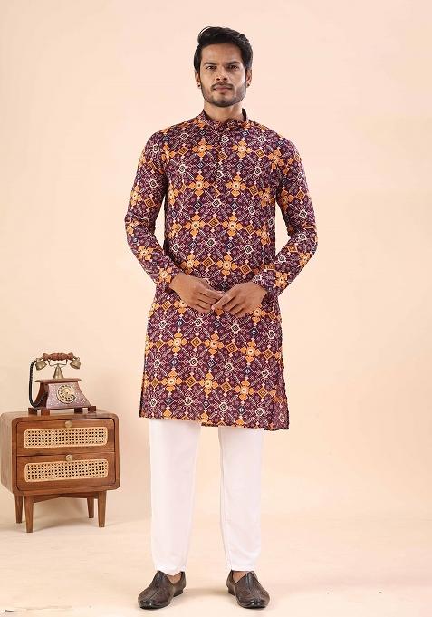 Wine Printed Cotton Kurta For Men