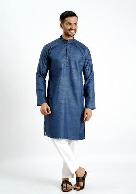 Blue Jari Work Cotton Kurta For Men