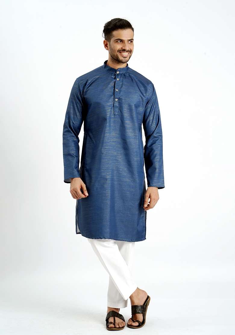 Blue Jari Work Cotton Kurta For Men - Indya