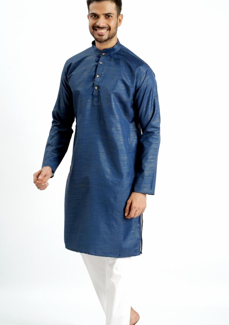 Blue Jari Work Cotton Kurta For Men - Indya