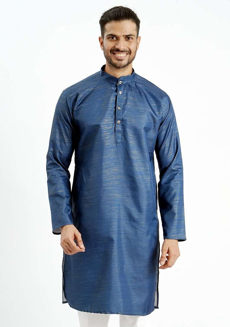 Blue Jari Work Cotton Kurta For Men - Indya