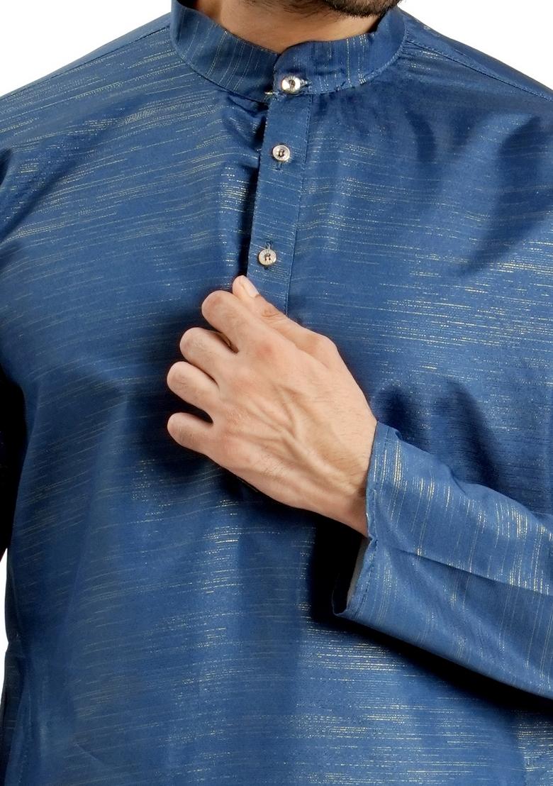 Blue Jari Work Cotton Kurta For Men - Indya