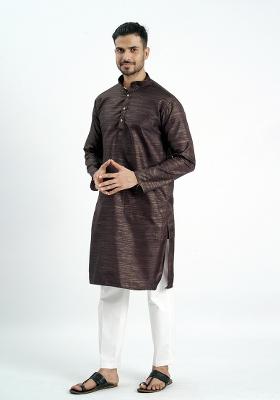 Brown Jari Work Cotton Kurta For Men