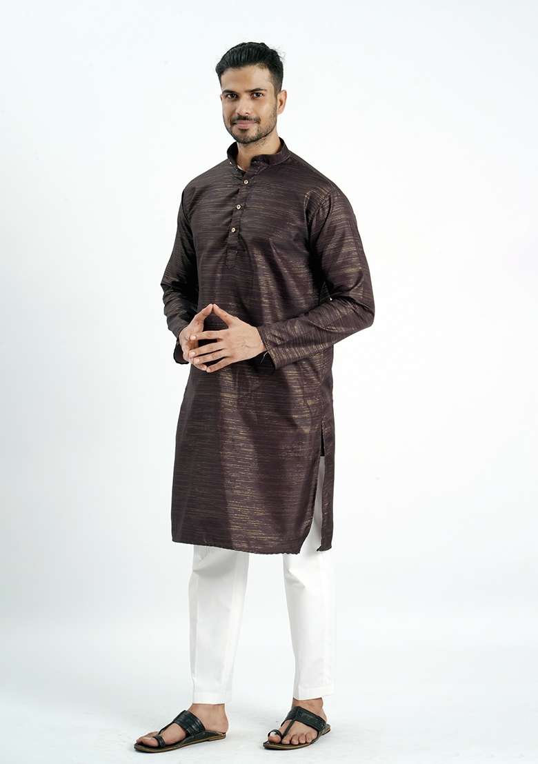 Brown Jari Work Cotton Kurta For Men - Indya