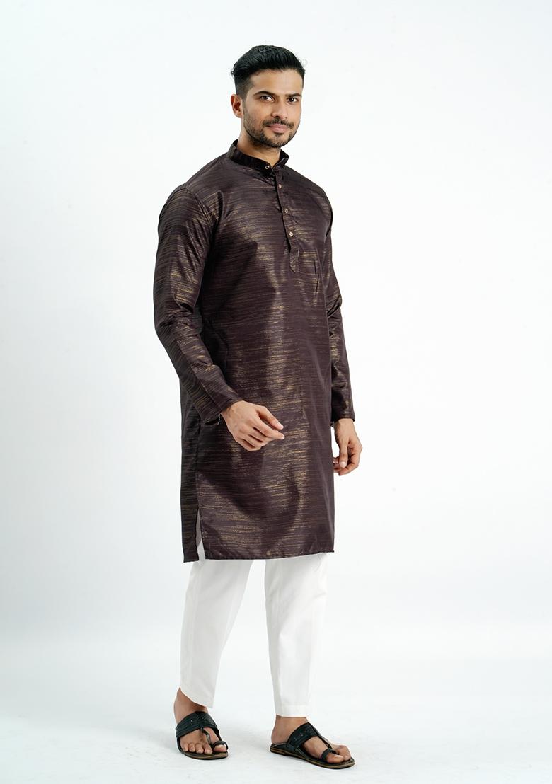 Brown Jari Work Cotton Kurta For Men - Indya