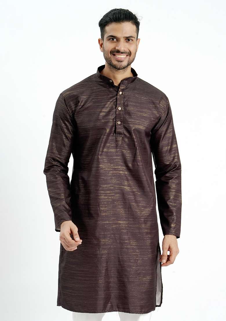 Brown Jari Work Cotton Kurta For Men - Indya