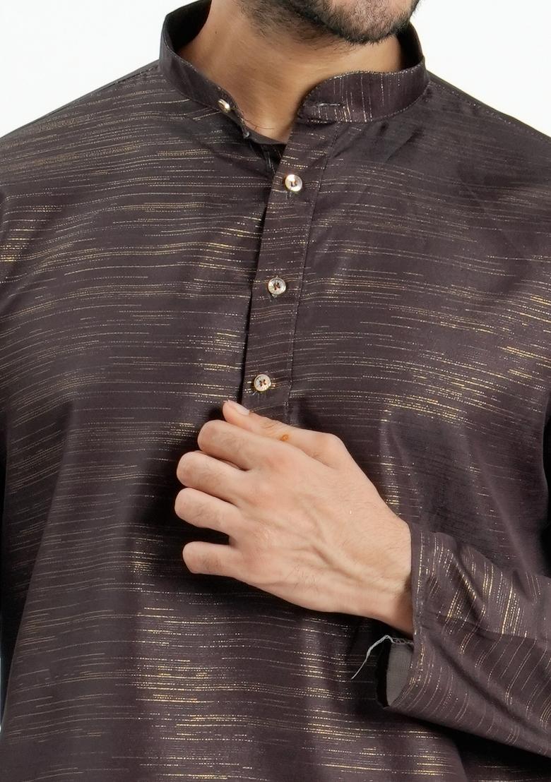 Brown Jari Work Cotton Kurta For Men - Indya