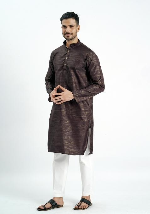 Brown Jari Work Cotton Kurta For Men