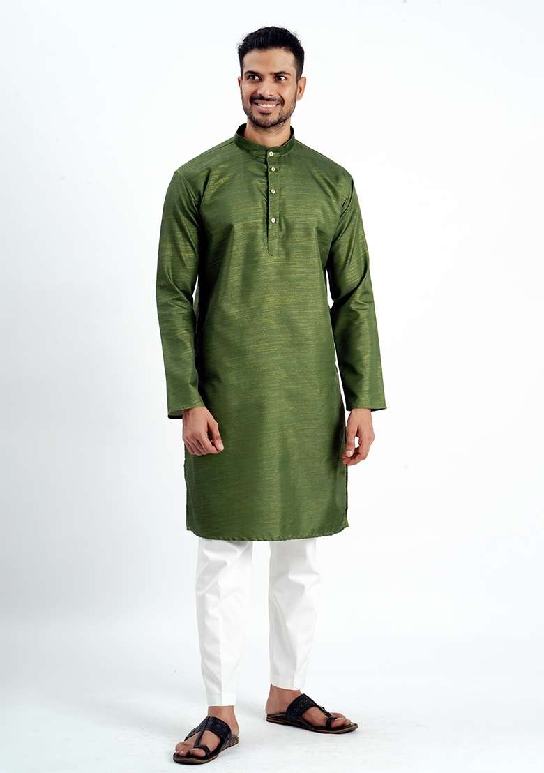 Green Jari Work Cotton Kurta For Men - Indya