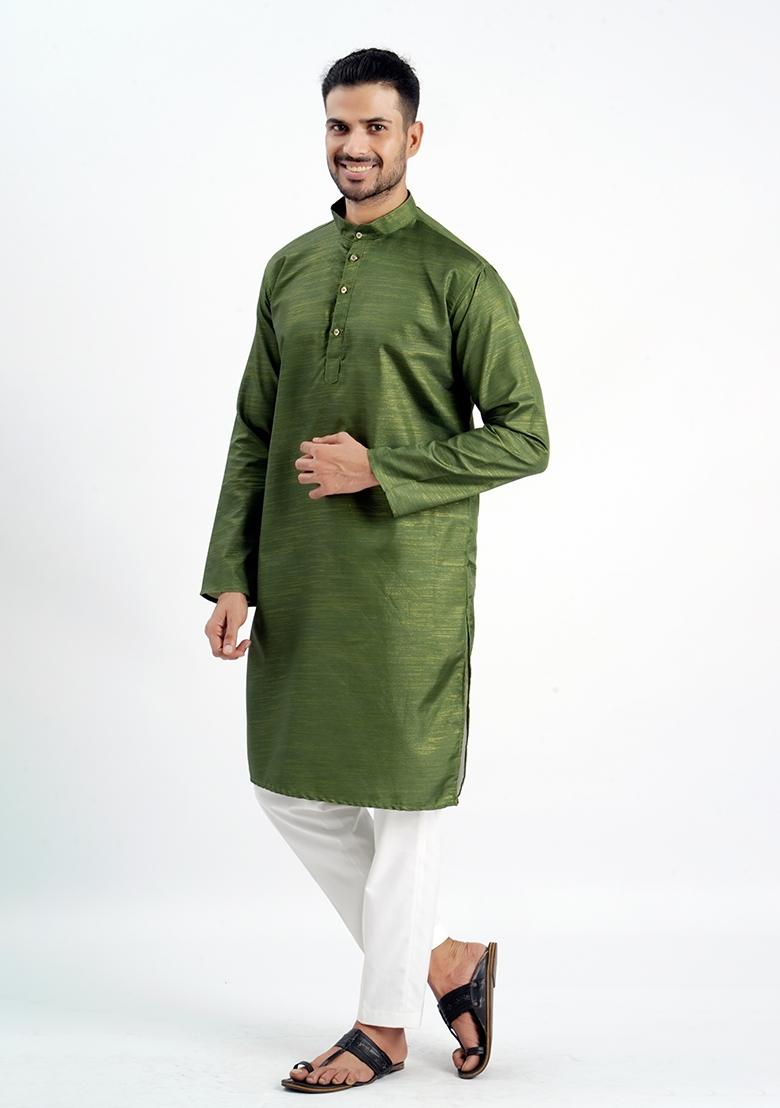 Green Jari Work Cotton Kurta For Men - Indya